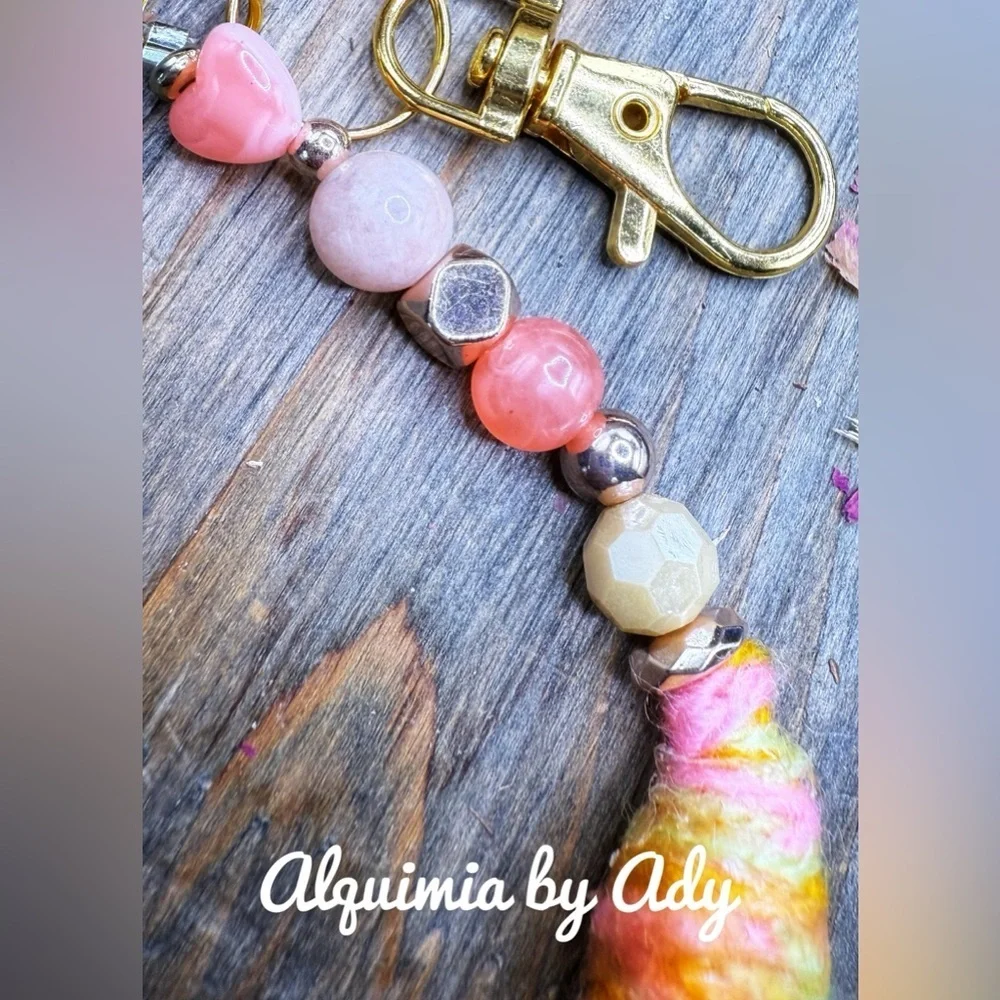 Colorful Beaded Keychain with Yarn Tassel moonstone